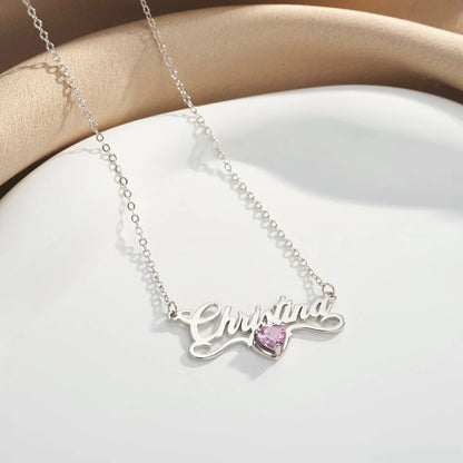 Personalized Name Necklace with Heart Birthstone