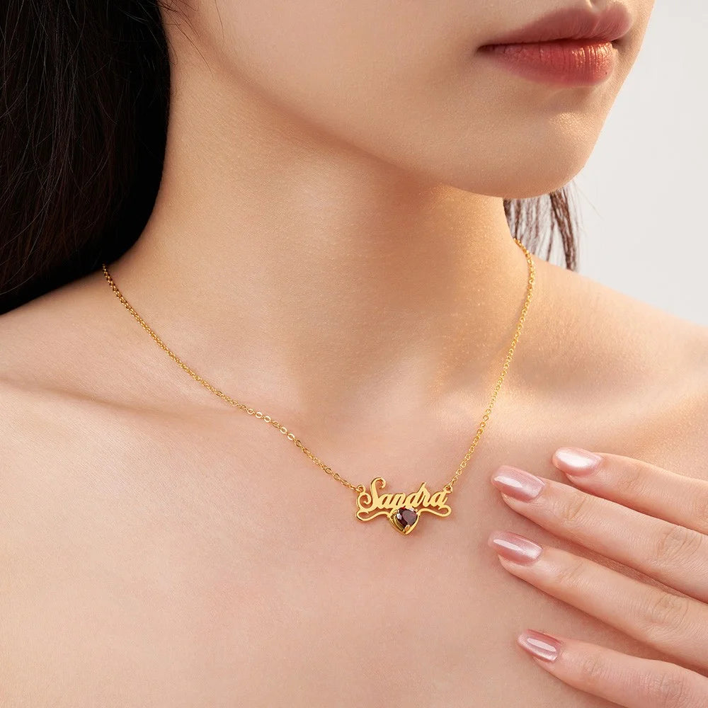 Personalized Name Necklace with Heart Birthstone