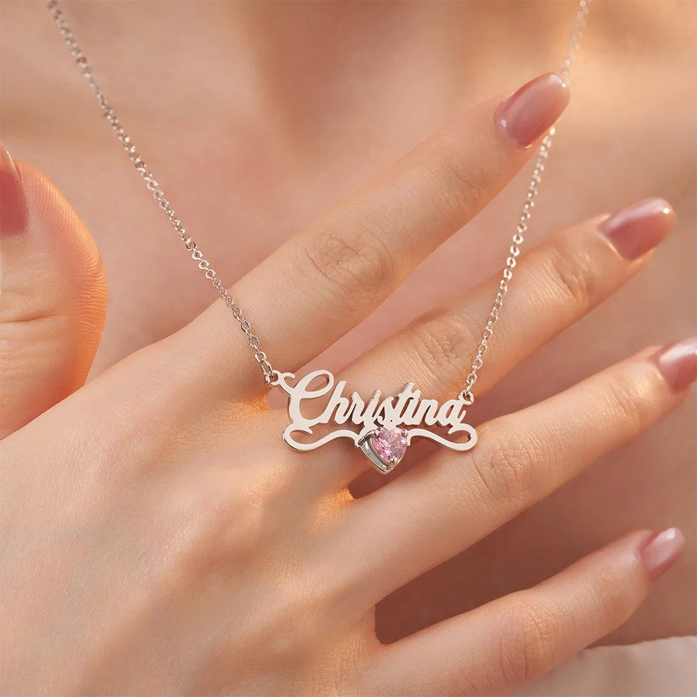 Custom Name Necklace with Heart Birthstone