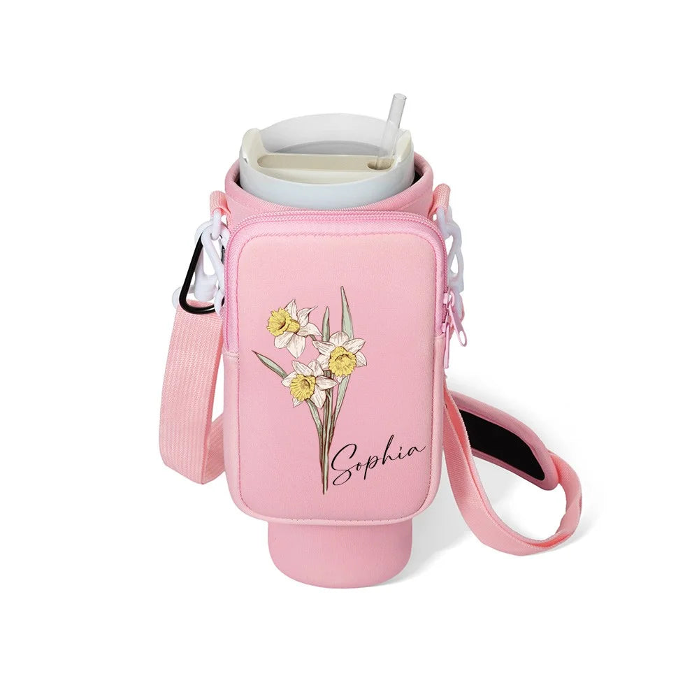Custom Name Birth Flower Cross-body Tumbler Holder & Phone Pouch (40oz)