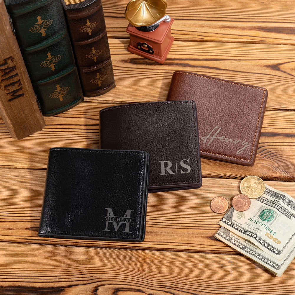 Personalized men's wallets in black, dark brown and light brown with engraved names and monograms