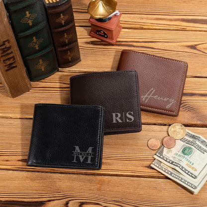 Personalized men's wallets in black, dark brown and light brown with engraved names and monograms