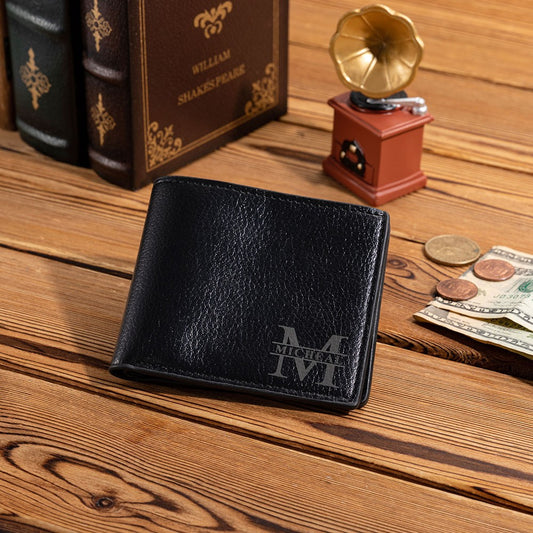 Black engraved wallet with a monogram and name design