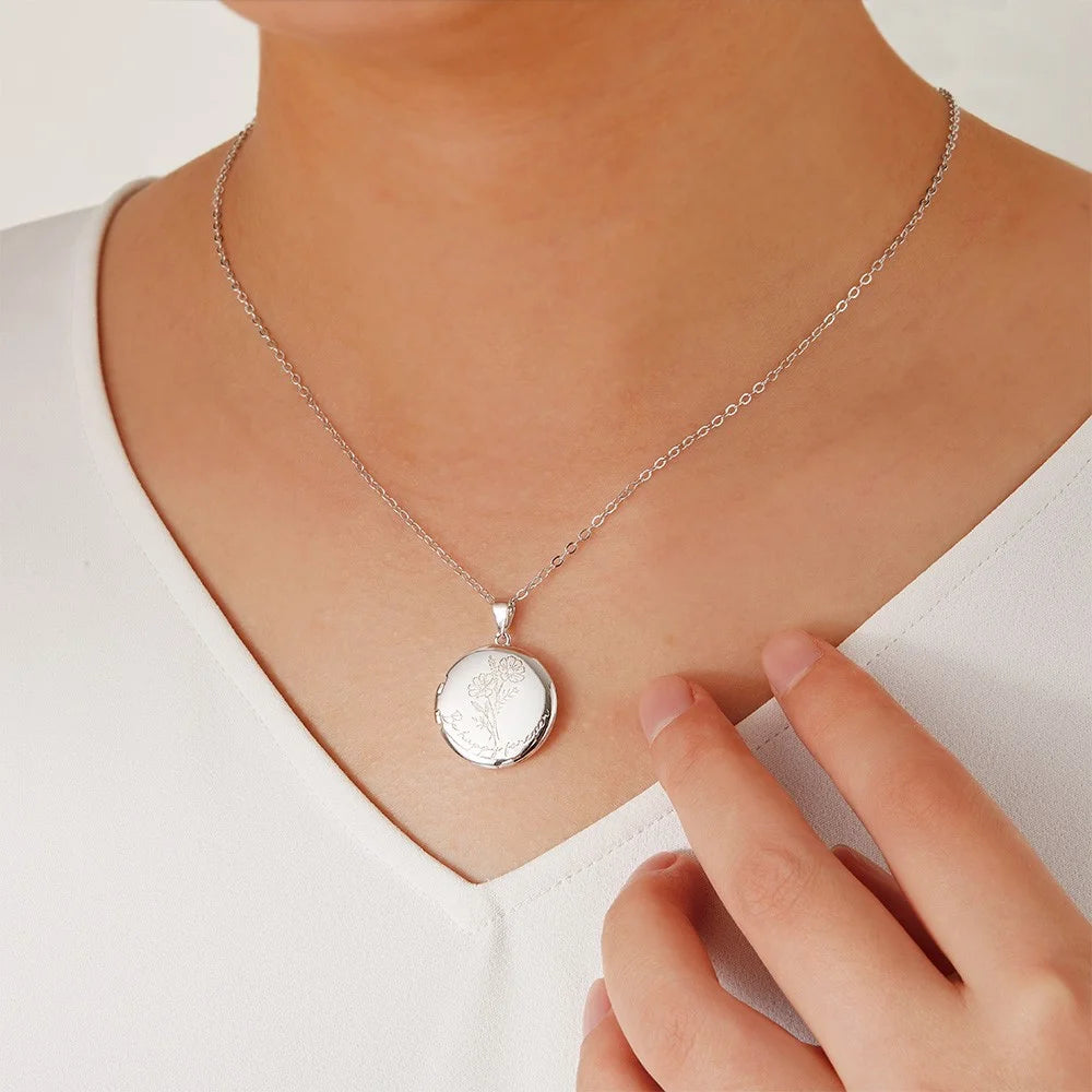 Custom Birth Flower Round Photo Locket Necklace