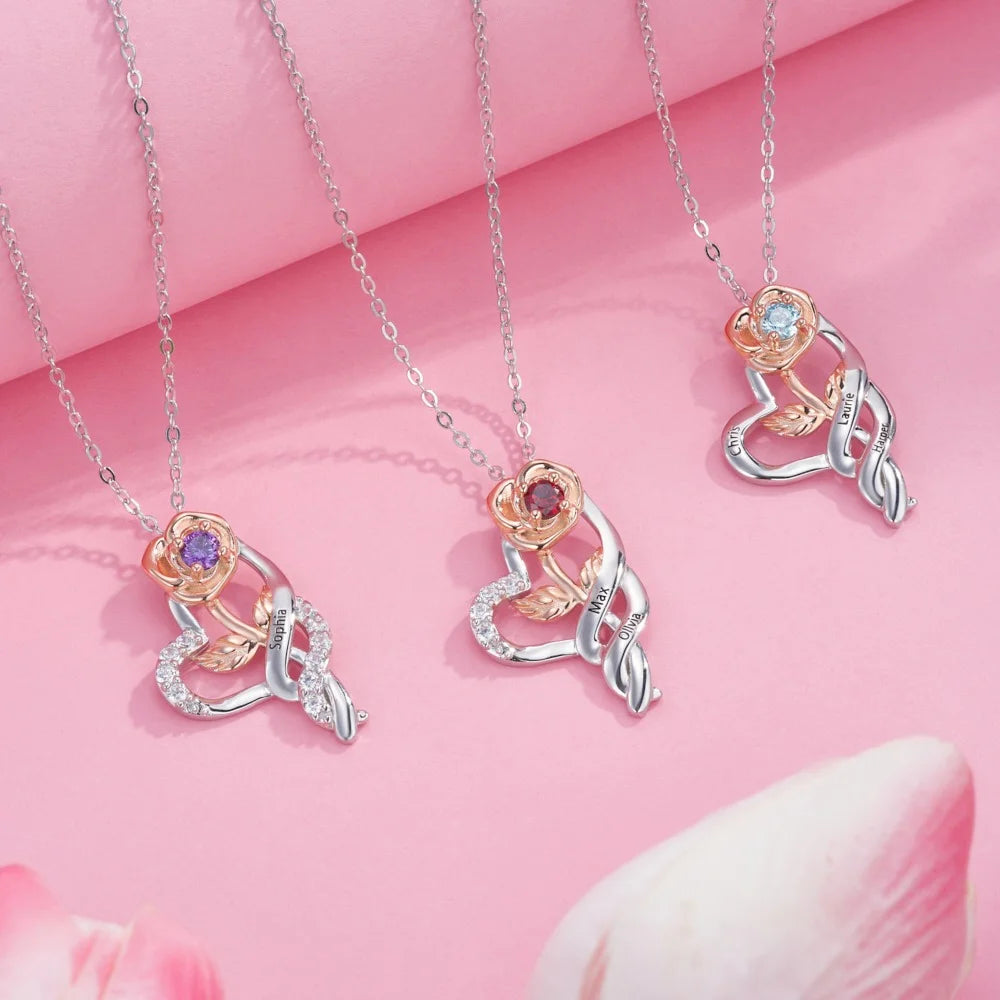 Custom Rose Heart Necklace with Names & Birthstone