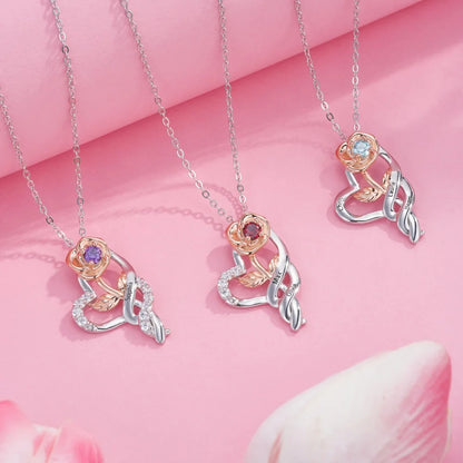 Custom Rose Heart Necklace with Names & Birthstone