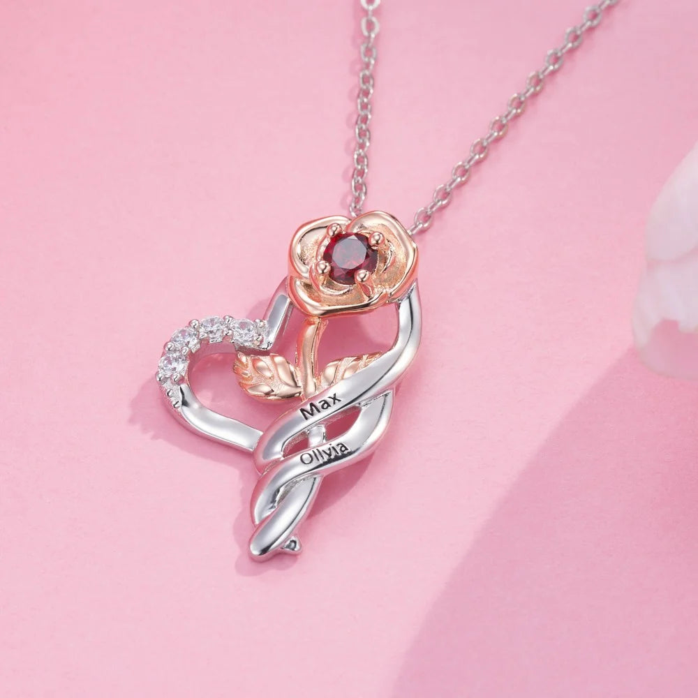 Custom Rose Heart Necklace with Names & Birthstone