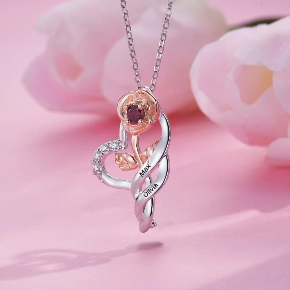 Custom Rose Heart Necklace with Names & Birthstone