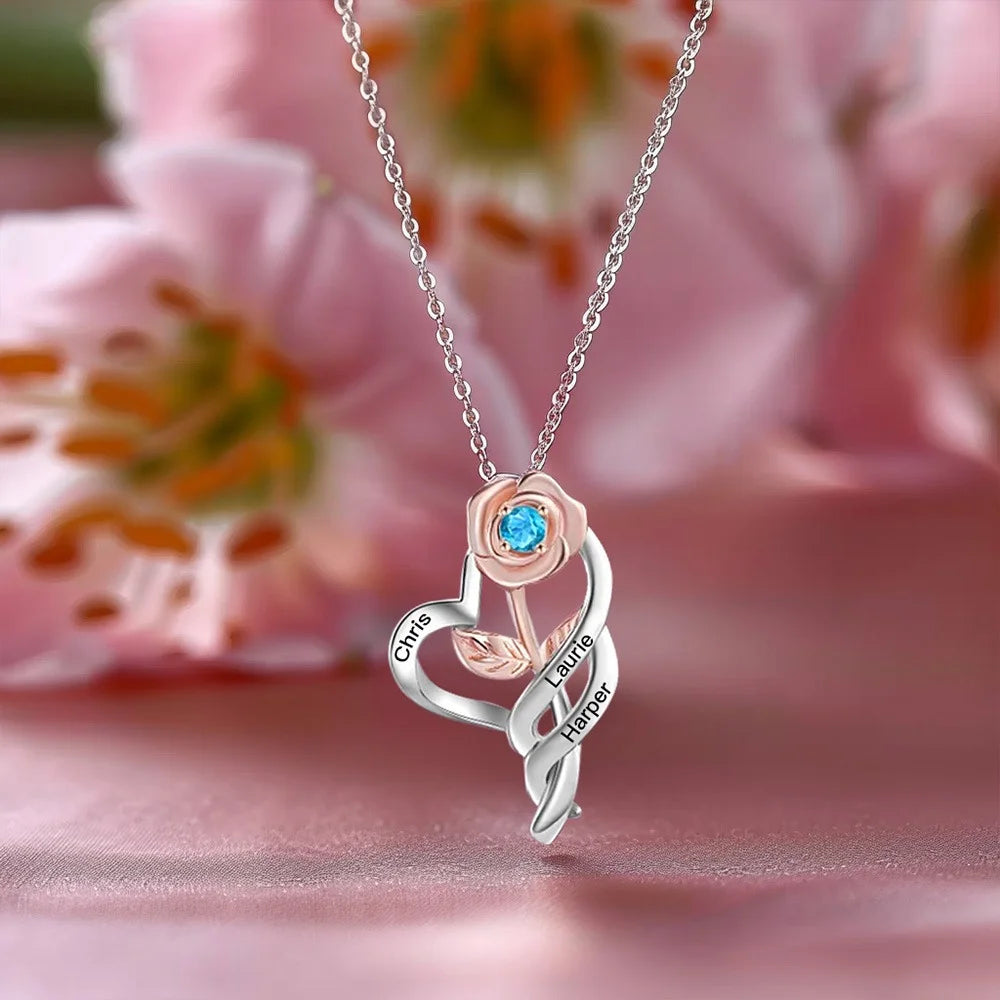 Custom Rose Heart Necklace with Names & Birthstone