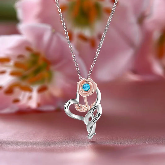 Custom Rose Heart Necklace with Names & Birthstone