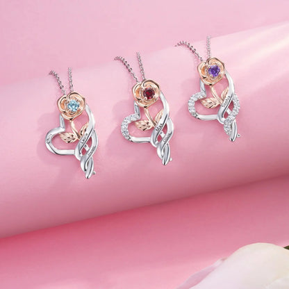 Custom Rose Heart Necklace with Names & Birthstone