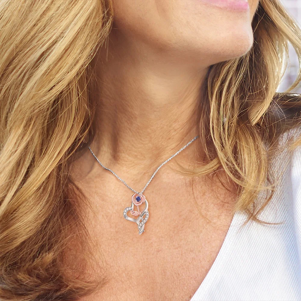 Custom Rose Heart Necklace with Names & Birthstone