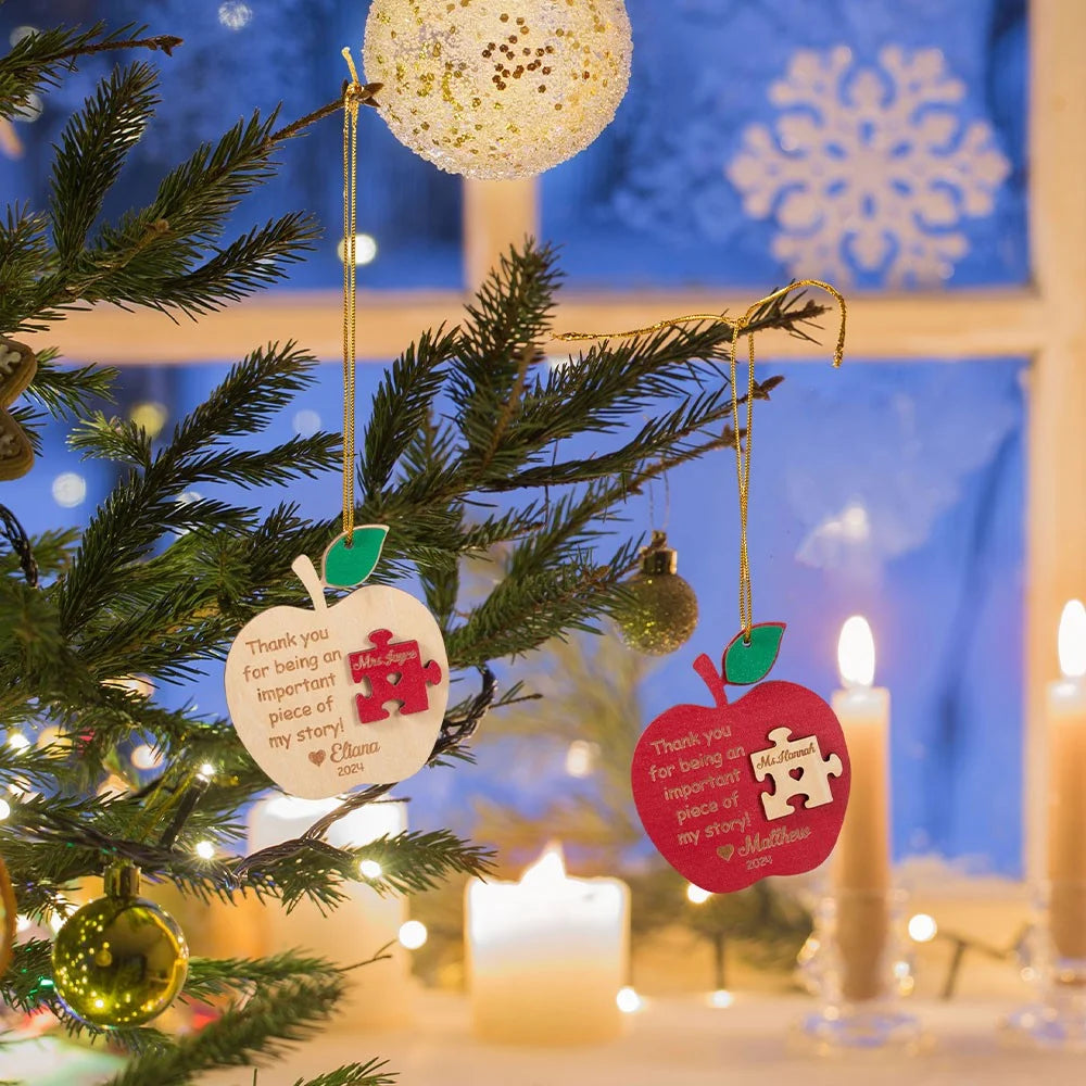 Teacher Apple Puzzle Piece Christmas Ornament