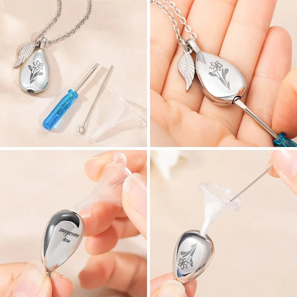 Custom Birth Flower Urn Necklace with Wing