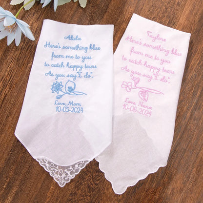 Embroidered Wedding Handkerchief with Birth Flower, Name & Date