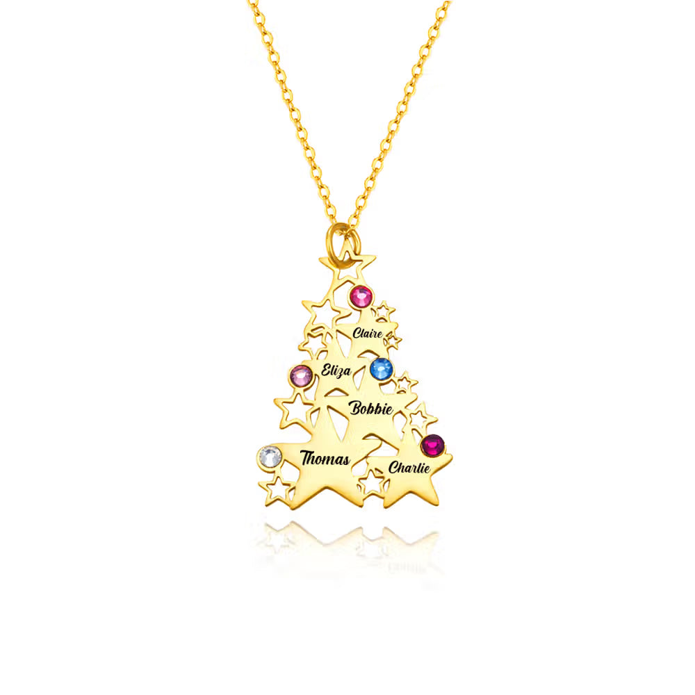 Custom Christmas Tree Necklace with Birthstones & Names