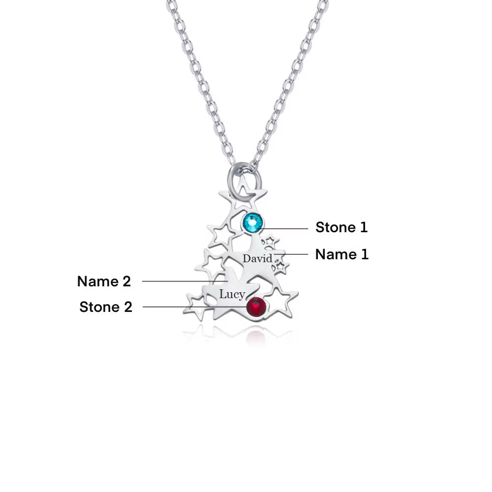 Custom Christmas Tree Necklace with Birthstones & Names