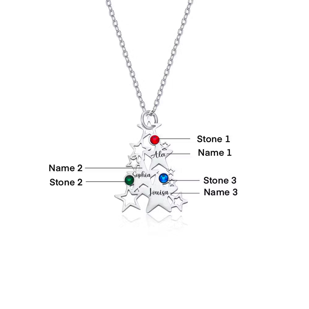Custom Christmas Tree Necklace with Birthstones & Names