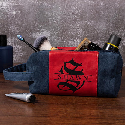 Personalisierte Herren-Kulturtasche mit Namen und Initialen, Reise-Rasier-Set aus Canvas und Leder, Geschenk für Trauzeugen, Vater oder Freund