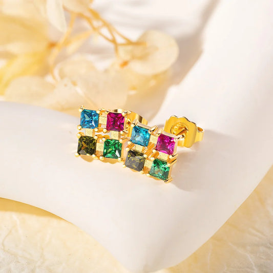 Custom Square Birthstones Stud Earrings