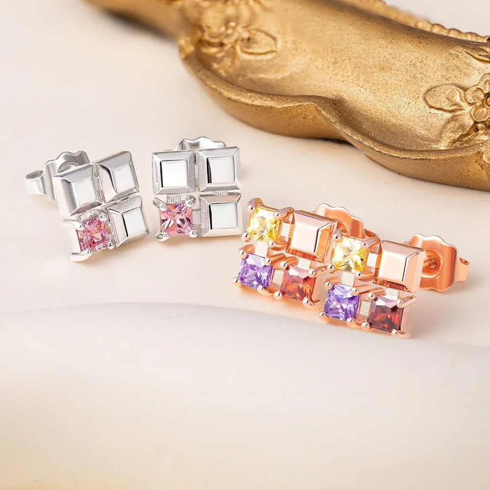 Custom Square Birthstones Stud Earrings