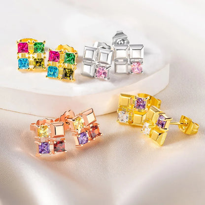 Custom Square Birthstones Stud Earrings