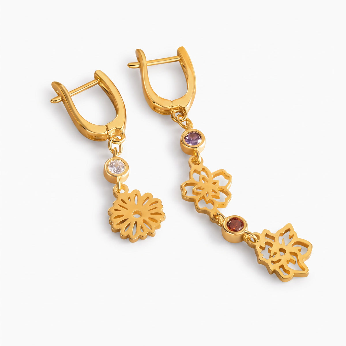 personalized birth flower dangle earrings with birthstone