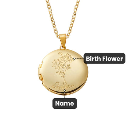 Custom Birth Flower Round Photo Locket Necklace