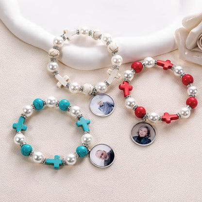 Custom Photo Cross Beaded Bracelet with Angel Wings