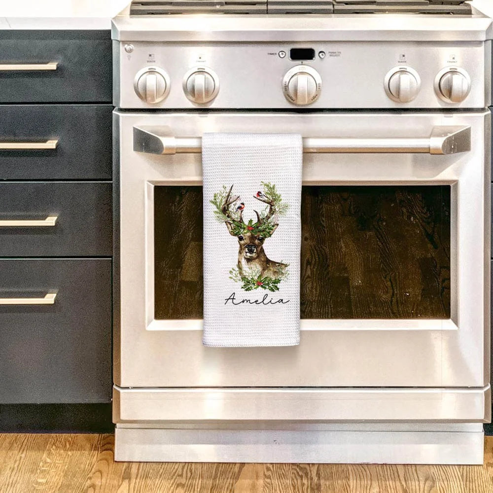 Personalized Christmas Reindeer Dish Towel