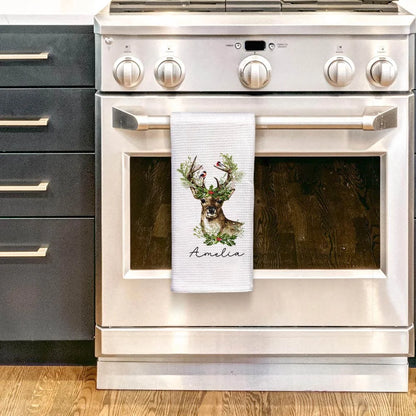 Personalized Christmas Reindeer Dish Towel