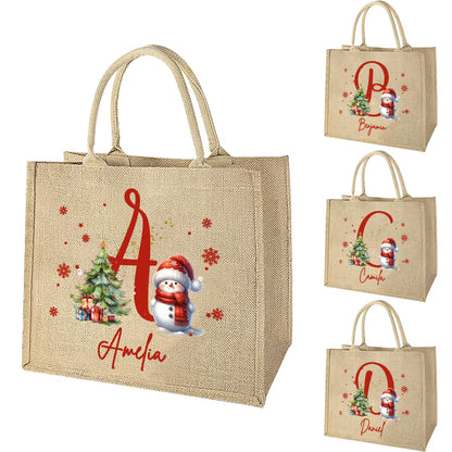 Christmas Snowman Tote Bag with Name & Letter
