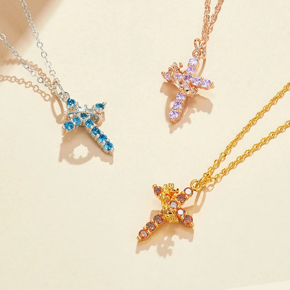 Personalized Cross Crown Necklace with Birthstone