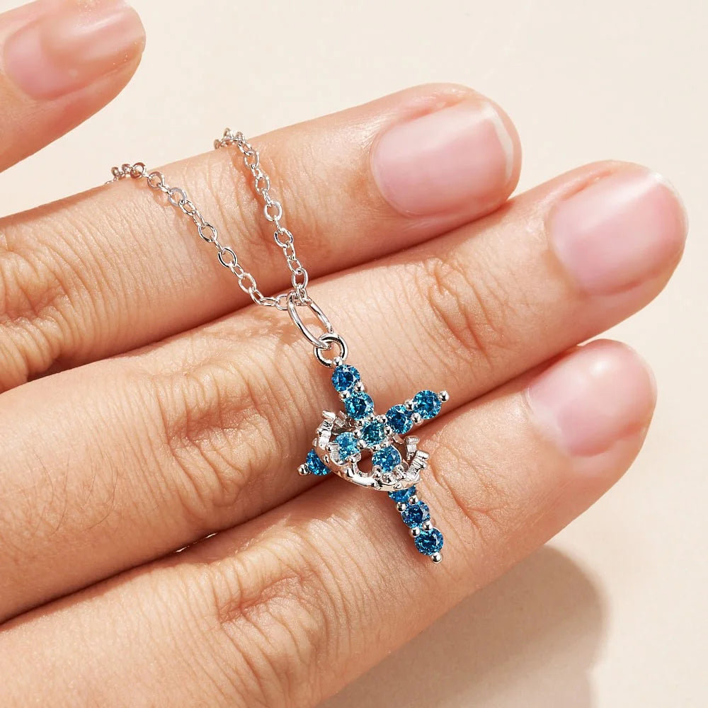 Personalized Cross Crown Necklace with Birthstone