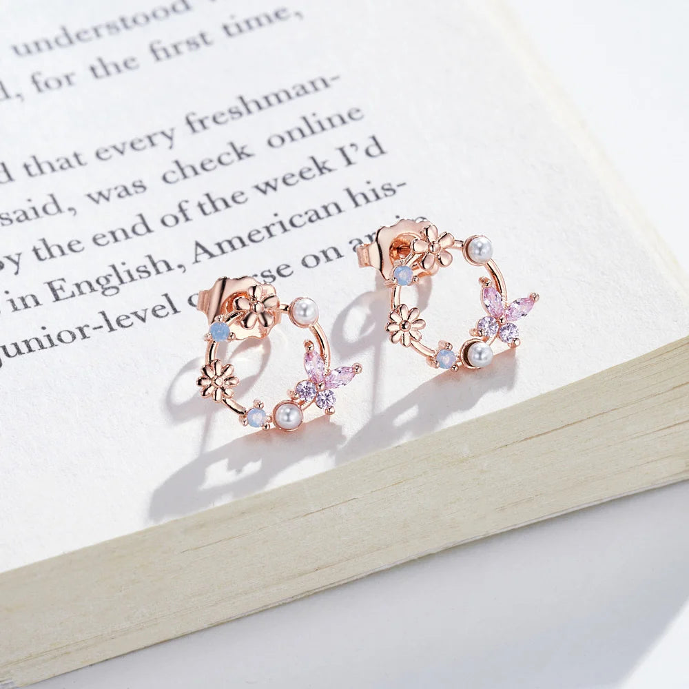 Butterfly Birthstone Pearl Floral Stud Earrings