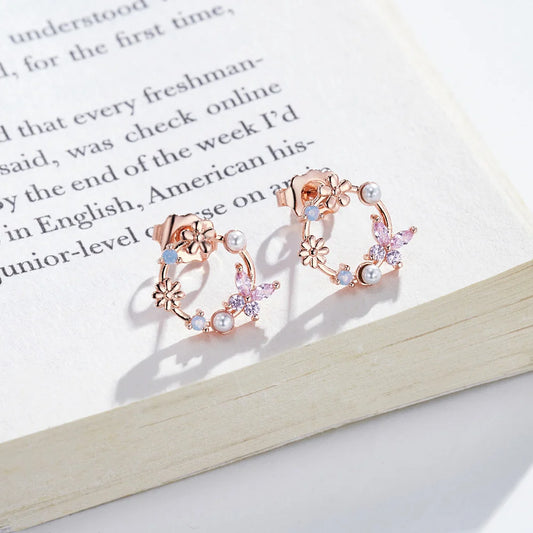 Butterfly Birthstone Pearl Floral Stud Earrings