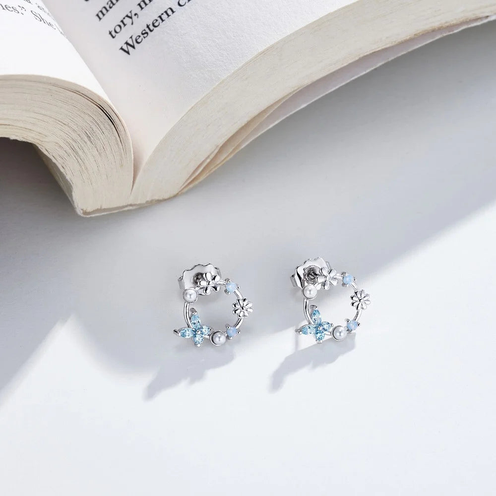 Butterfly Birthstone Pearl Floral Stud Earrings