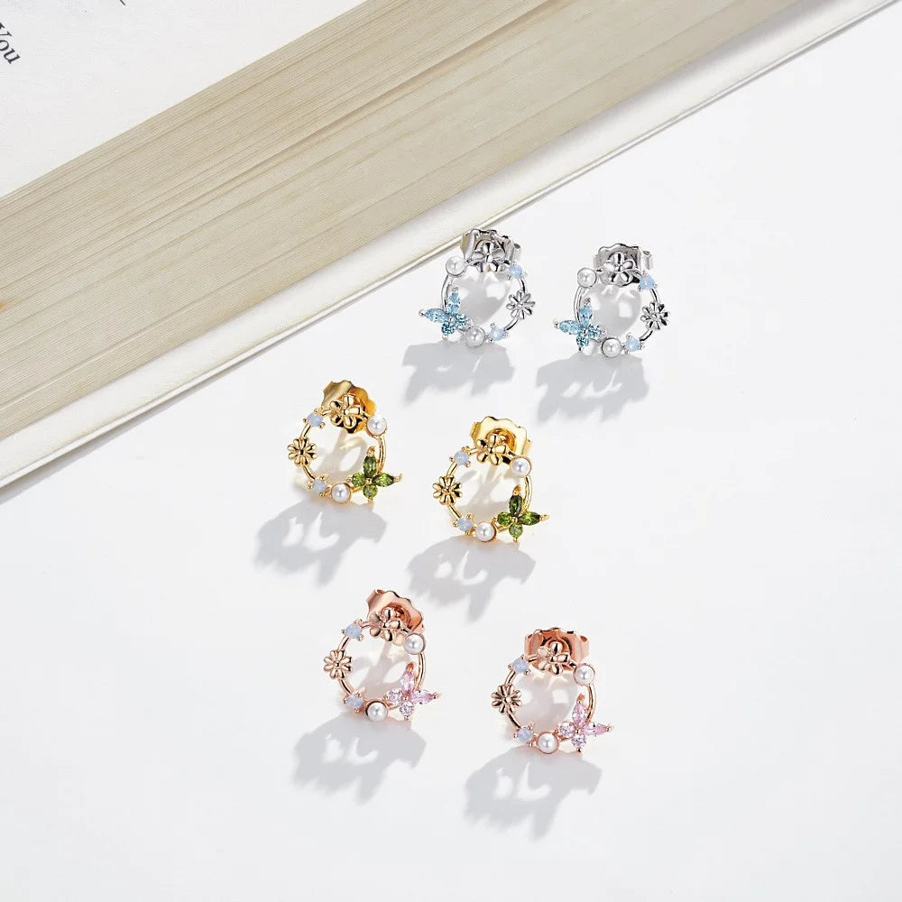 Butterfly Birthstone Pearl Floral Stud Earrings