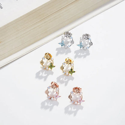 Butterfly Birthstone Pearl Floral Stud Earrings