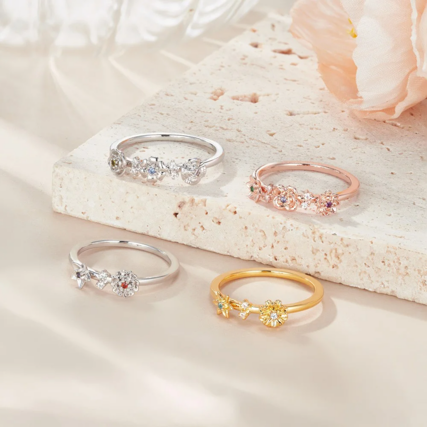 Multiple Birth Flowers Ring with Birthstones