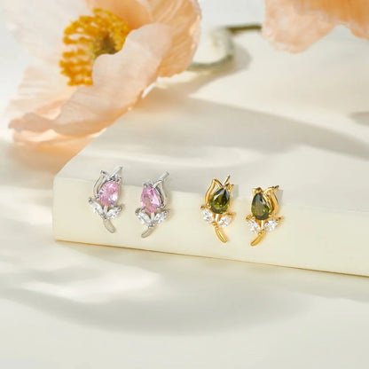 Tulip Flower Stud Earrings with Birthstones