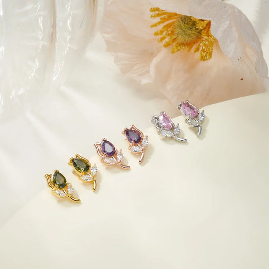 Tulip Flower Stud Earrings with Birthstones