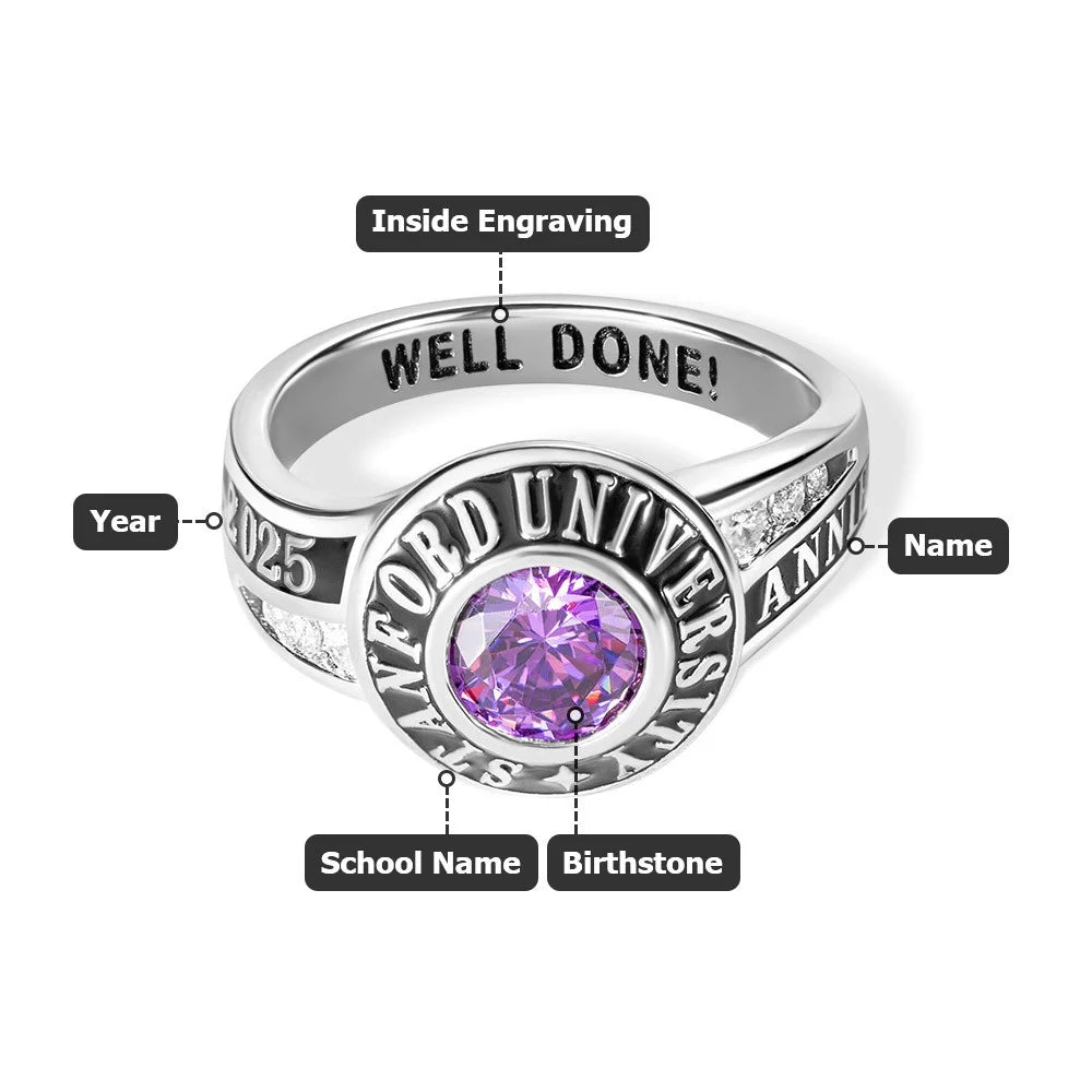Custom Engraved Class Ring with Birthstone