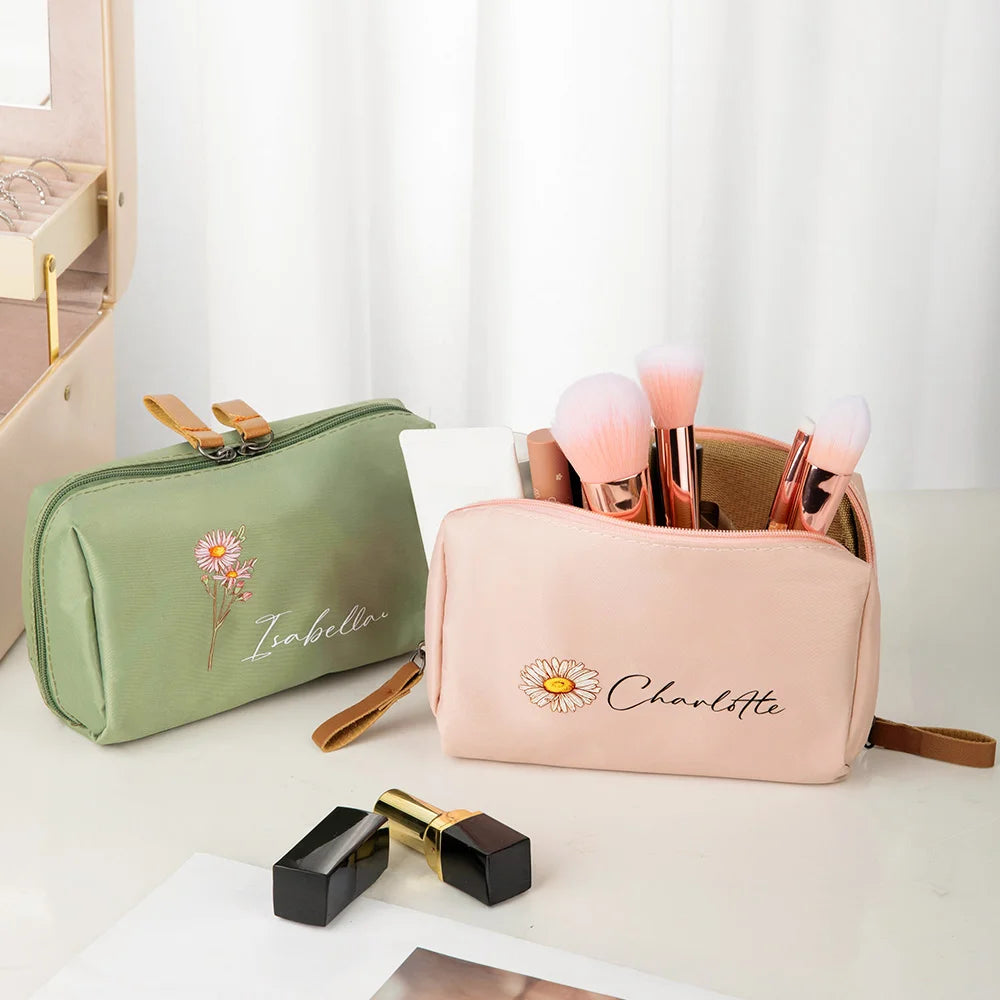 Custom Makeup Pouch with Name and Birth Flower