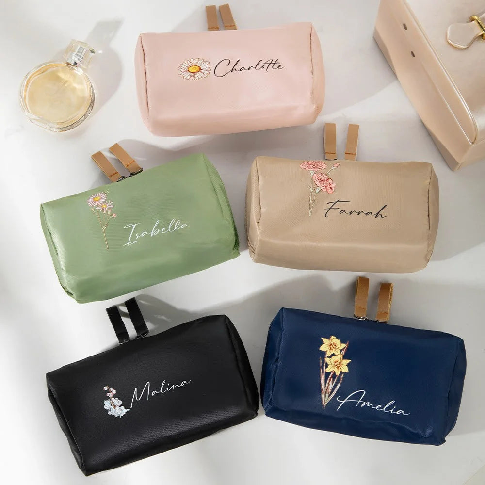 Custom Makeup Pouch with Name and Birth Flower