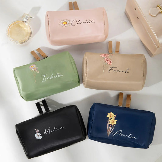 Custom Makeup Pouch with Name and Birth Flower