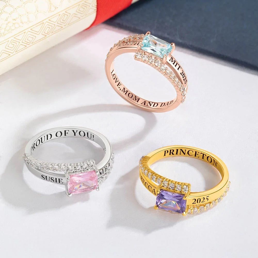 Personalized Square Birthstone Graduation Ring