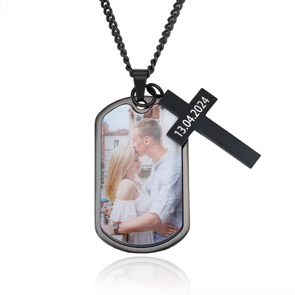 Personalized Photo Dog Tag Necklace with Cross Pendant