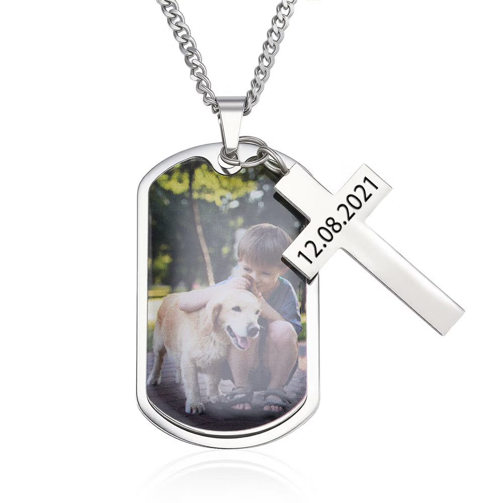 Personalized Photo Dog Tag Necklace with Cross Pendant