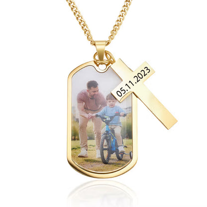 Personalized Photo Dog Tag Necklace with Cross Pendant